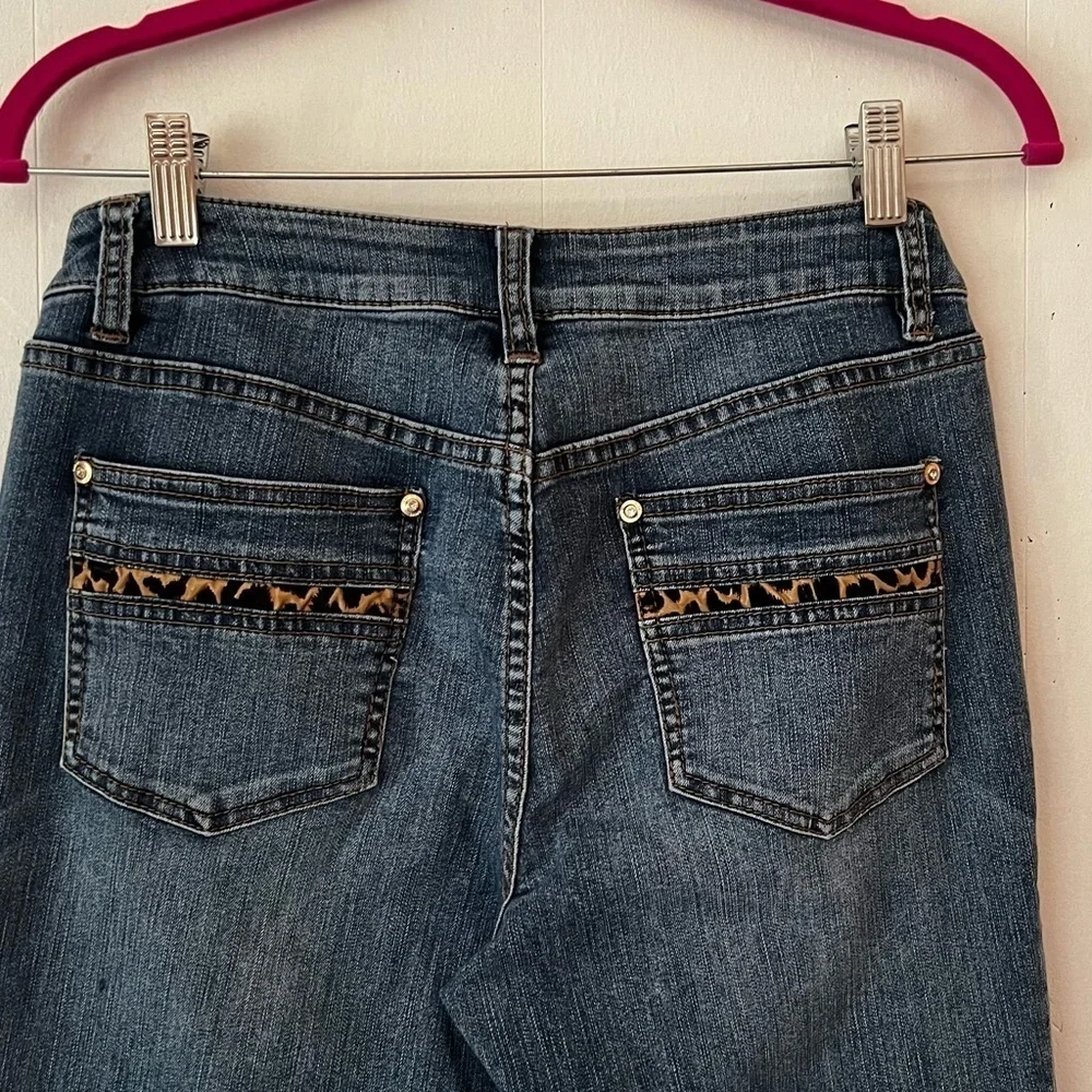 Cache Mid-Rise Animal Print Trimmed Boot Cut Jeans Size 6
